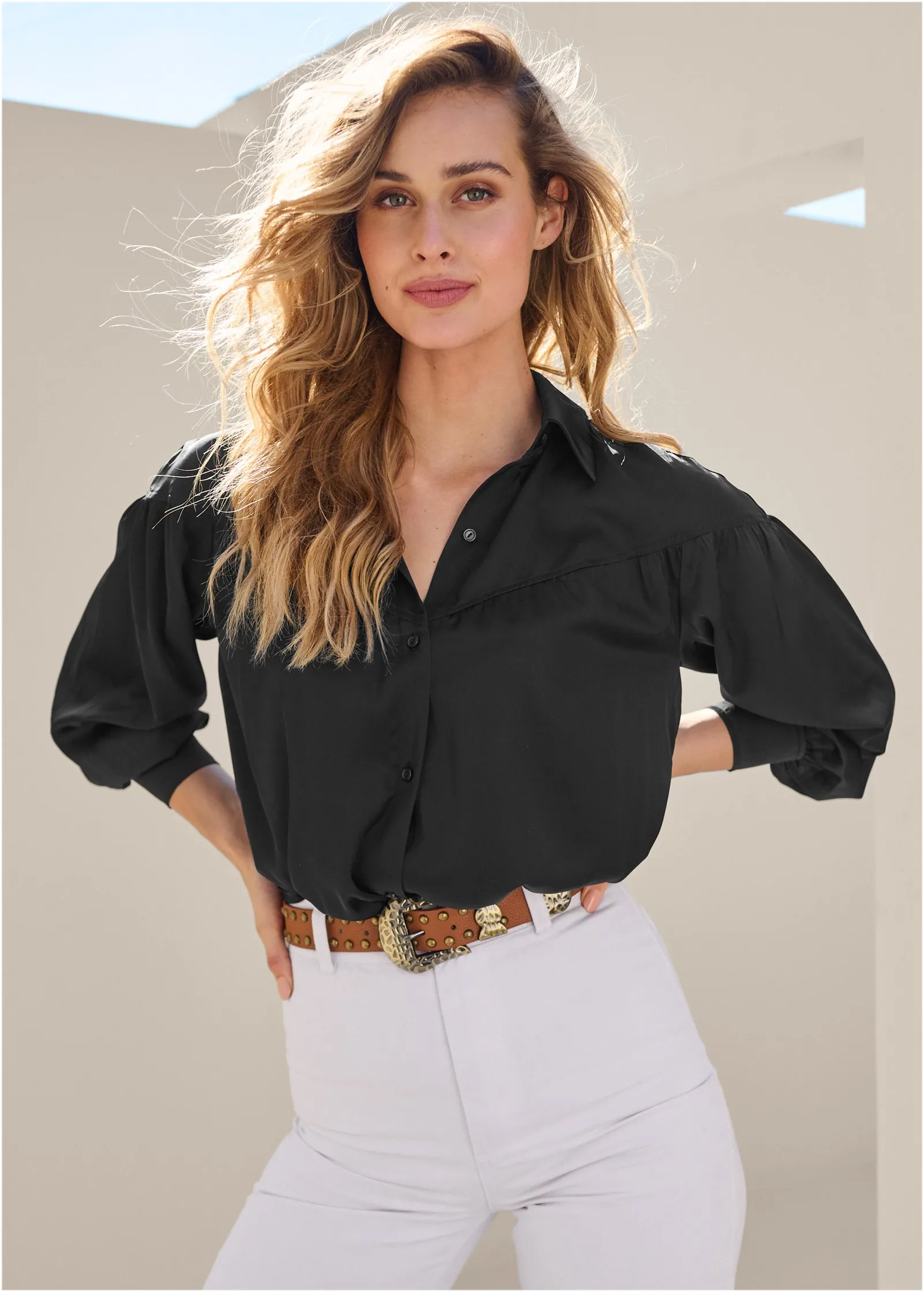 Satin Long Sleeve Blouse - Jet Black sold by VENUS