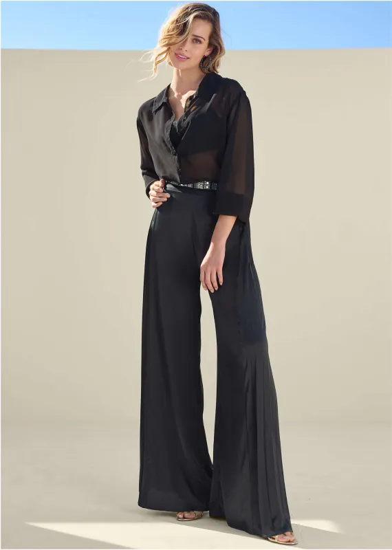 Side Pleat Wide Leg Pants - Jet Black sold by VENUS