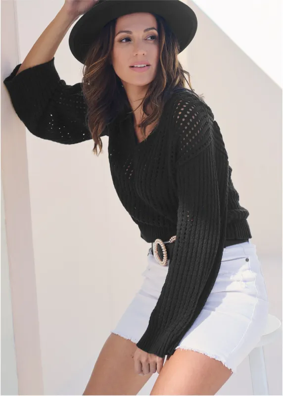 Pointelle Stitch Sweater - Jet Black sold by VENUS