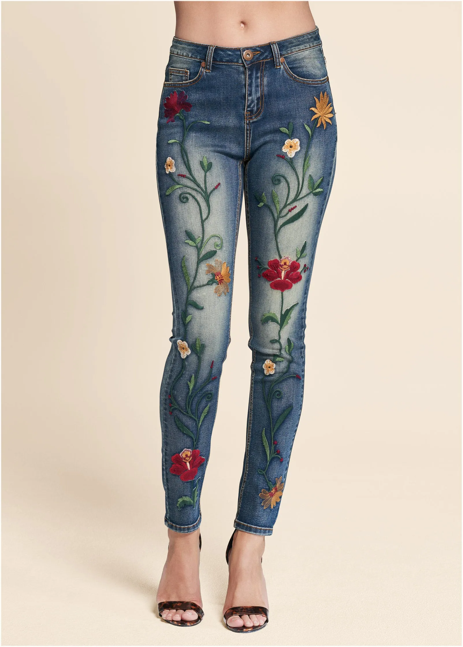 Floral Embroidered Jeans - Medium Wash sold by VENUS