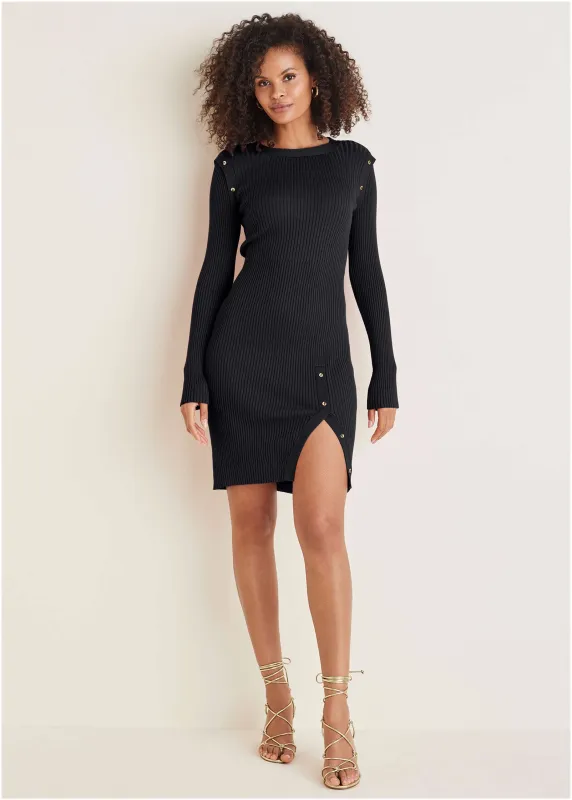 Button Detail Sweater Dress - Jet Black sold by VENUS