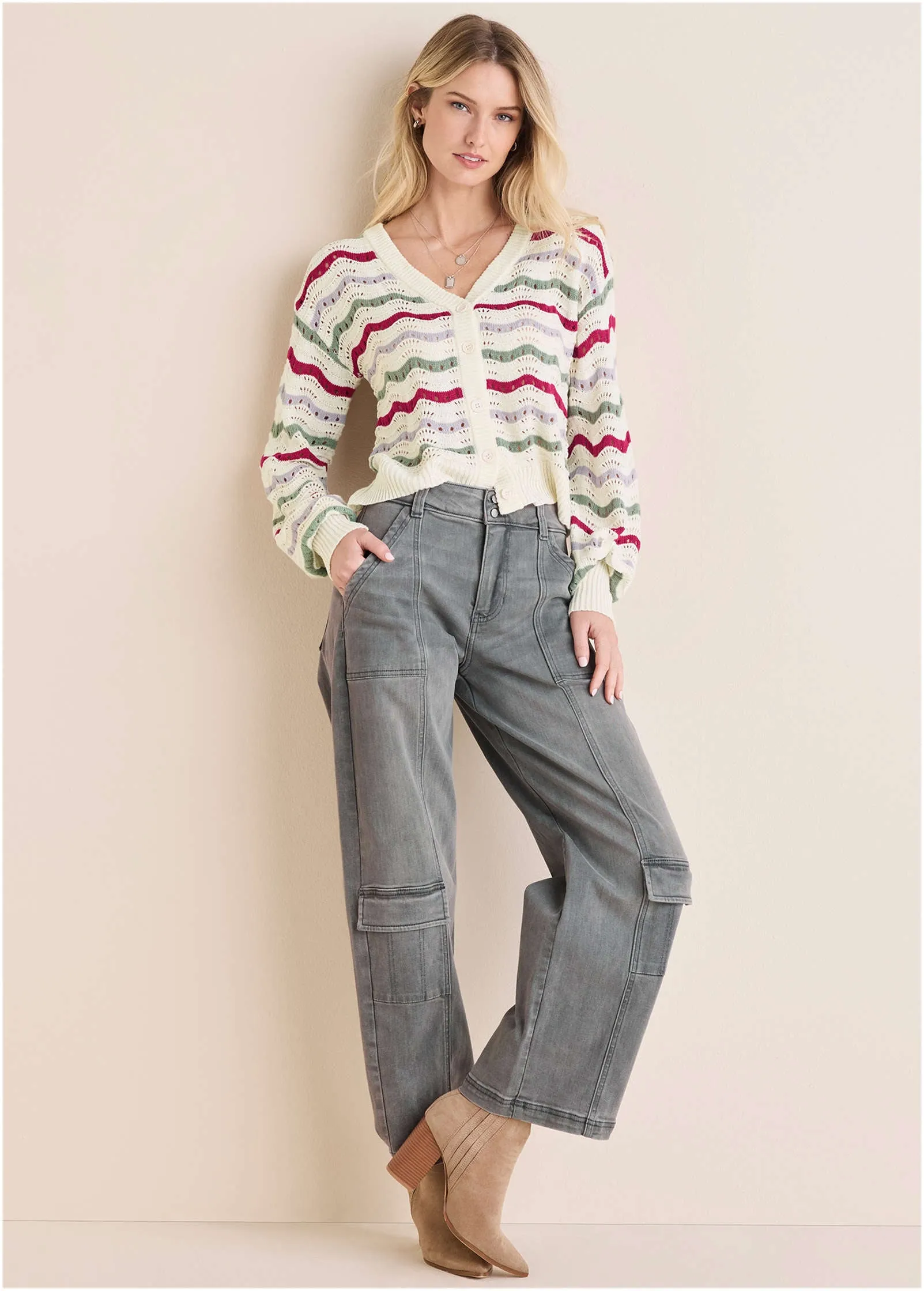 Stripe Pointelle Cardigan - Grey Multi sold by VENUS product image thumbnail 3