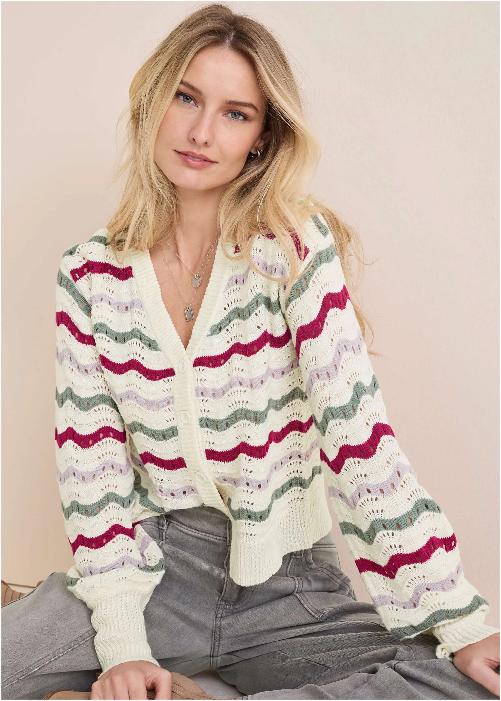 Stripe Pointelle Cardigan - Grey Multi sold by VENUS