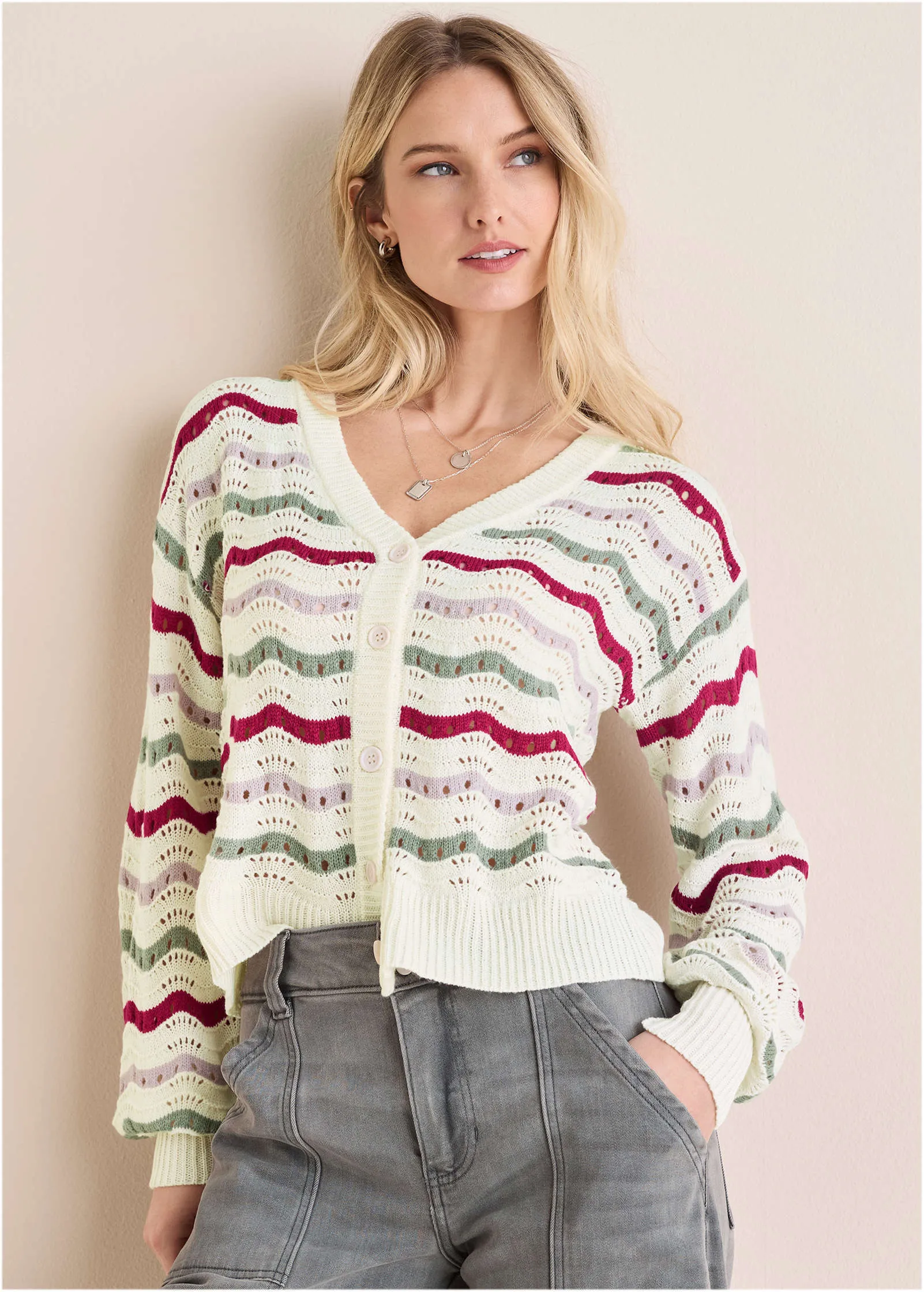 Stripe Pointelle Cardigan - Grey Multi sold by VENUS product image thumbnail 2