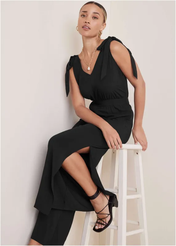 Tie-Strap Wide Leg Jumpsuit - Jet Black sold by VENUS
