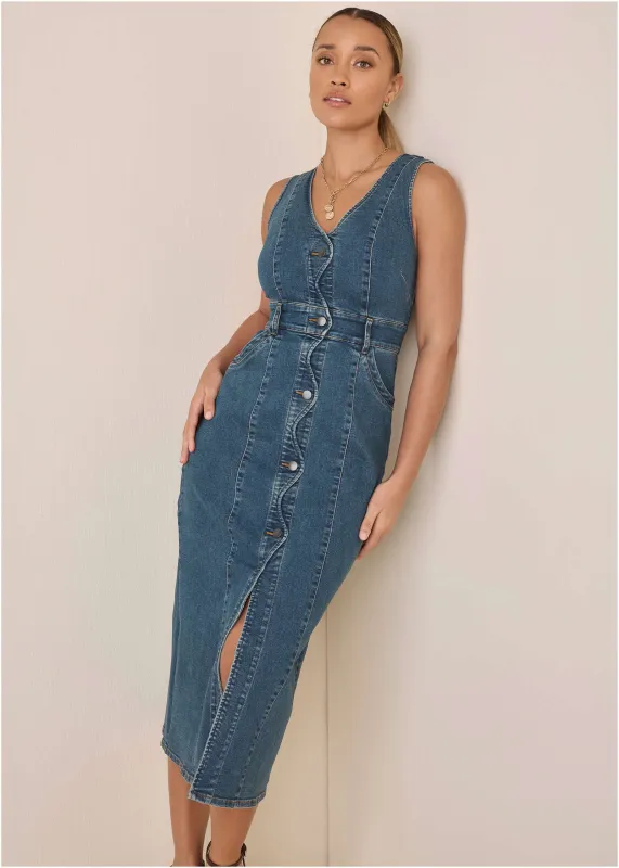 Denim Wave Maxi Dress - Medium Wash sold by VENUS