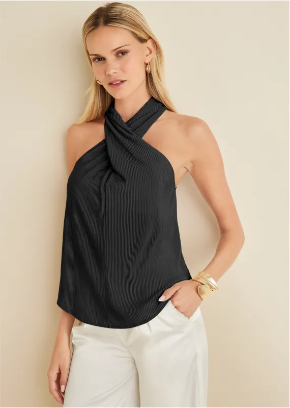 Plisse Cross Neck Tank - Jet Black sold by VENUS
