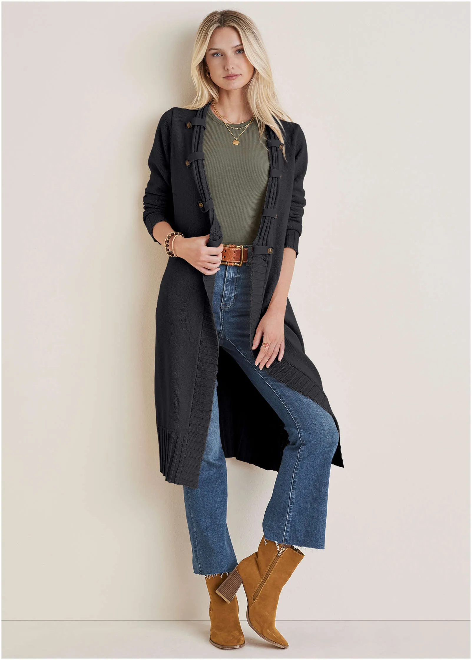 Button Detail Duster - Jet Black sold by VENUS