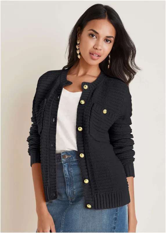 Button Detail Cardigan - Jet Black sold by VENUS