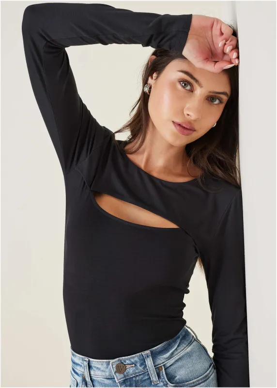 Long Sleeve Cut-Out Top - Jet Black sold by VENUS