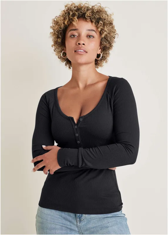 Long Sleeve Henley Tee - Jet Black sold by VENUS