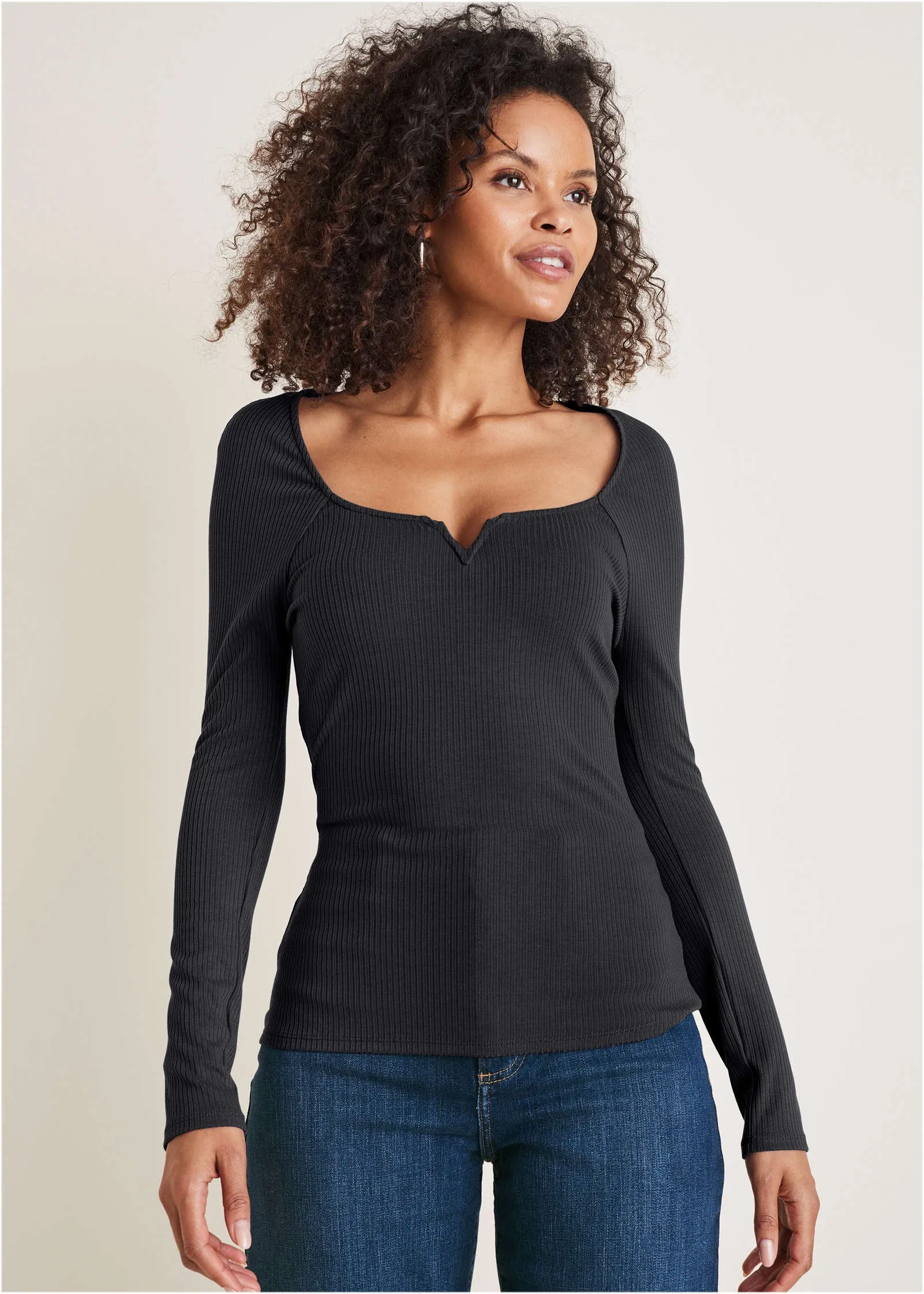 Deep Scoop Neck Ribbed Top - Jet Black sold by VENUS