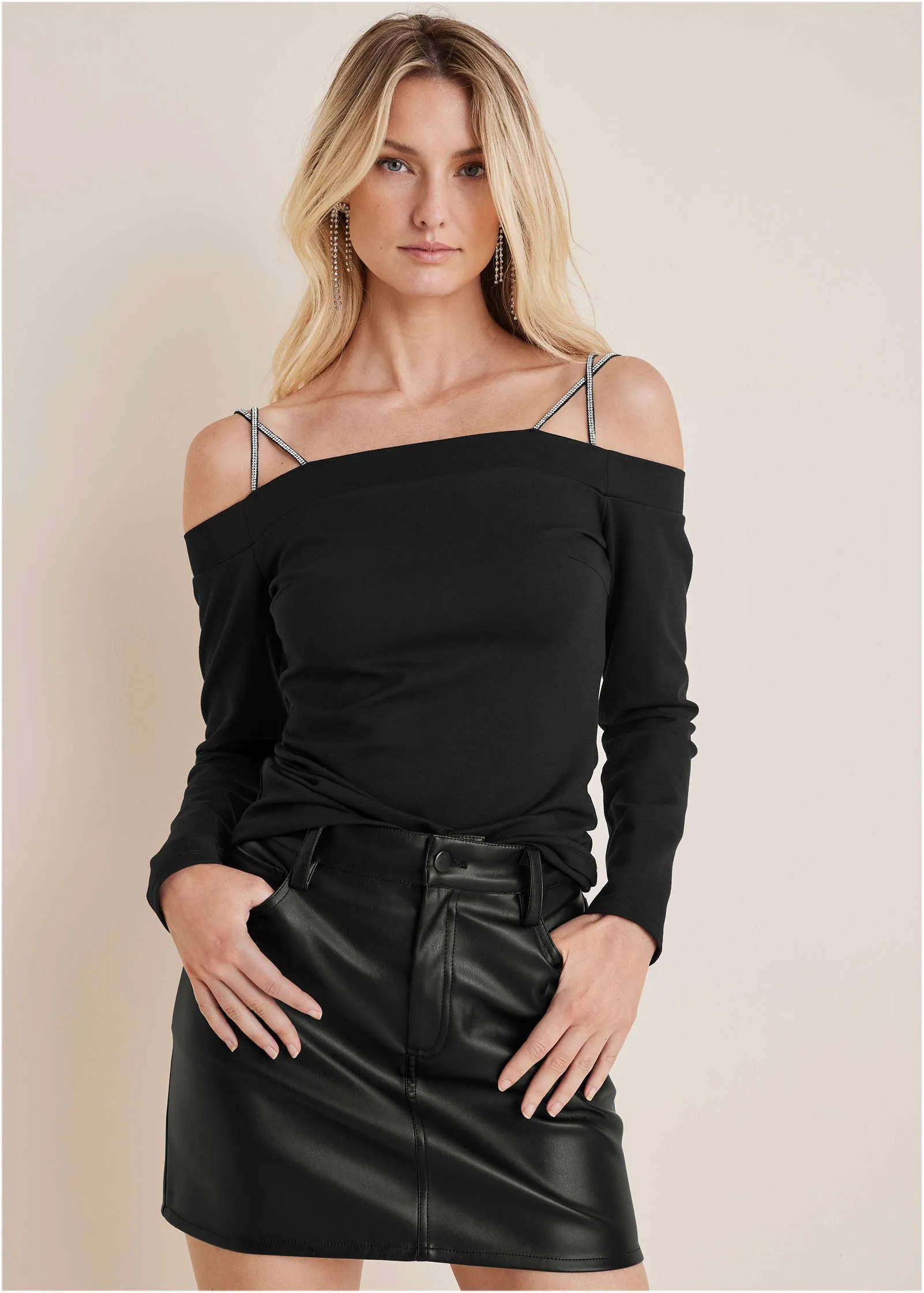 Rhinestone Strappy Top - Jet Black sold by VENUS