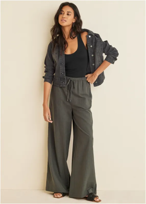 Linen Wide Leg Pants - Olive sold by VENUS