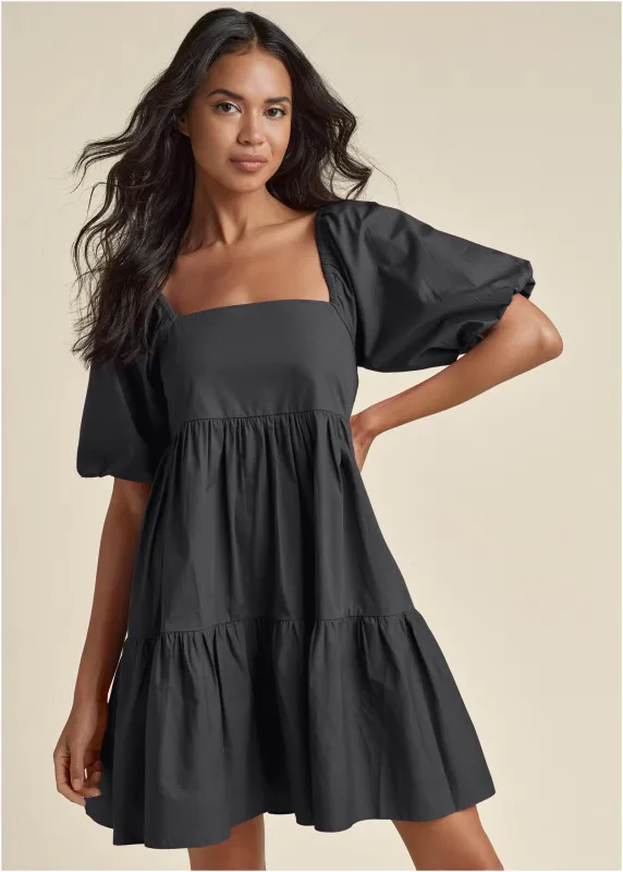 Puff Sleeve Mini Dress - Jet Black sold by VENUS