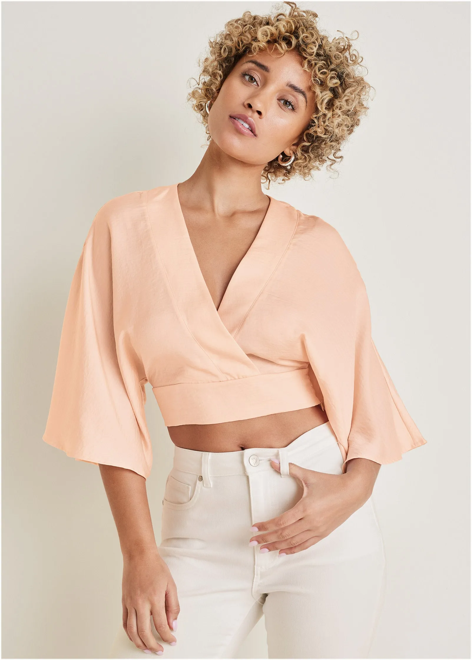 Kimono Sleeve Faux Wrap Top - Blush sold by VENUS