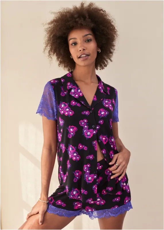 Lace Trim Pajama Set - Purple Bloom sold by VENUS