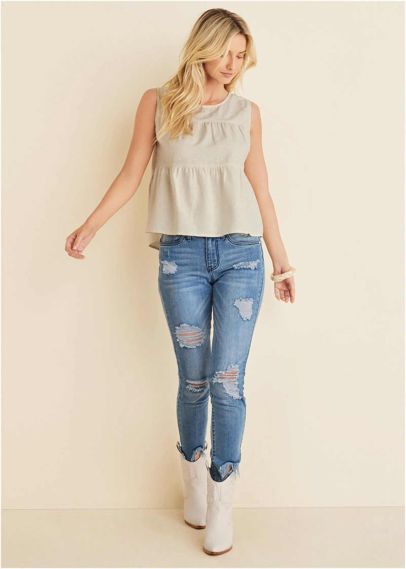 Linen Tiered Tank Top - Cream sold by VENUS