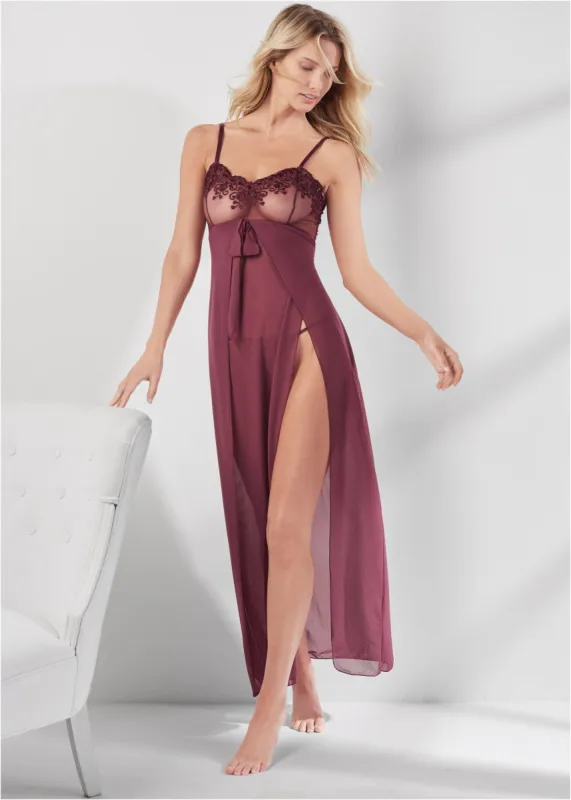 Lace Detail Gown Set - Burgundy sold by VENUS