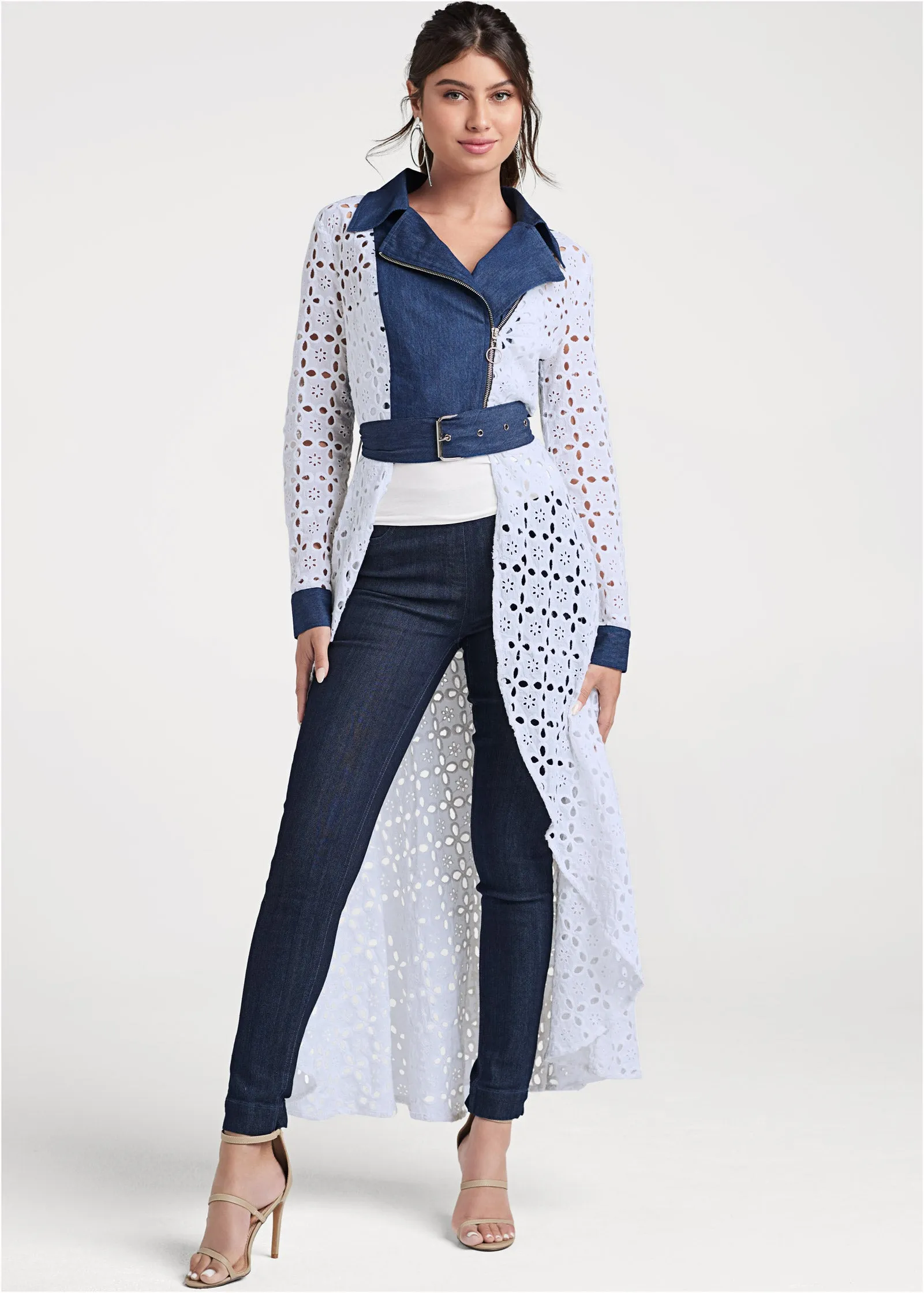 High-Low Eyelet Jacket - Indigo & White sold by VENUS