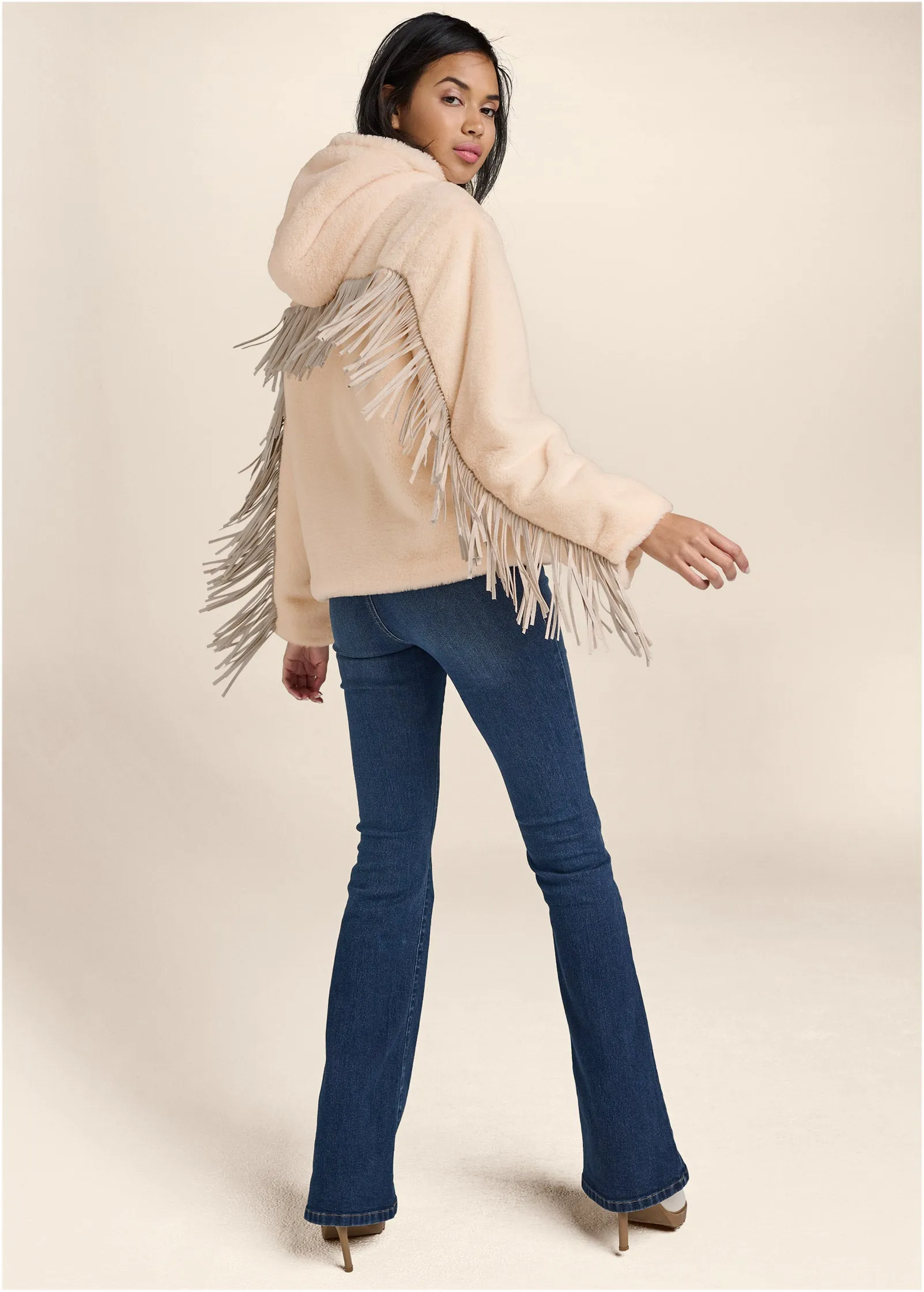 Faux Fur Bomber Jacket With Fringe Detail - White sold by VENUS product image thumbnail 3