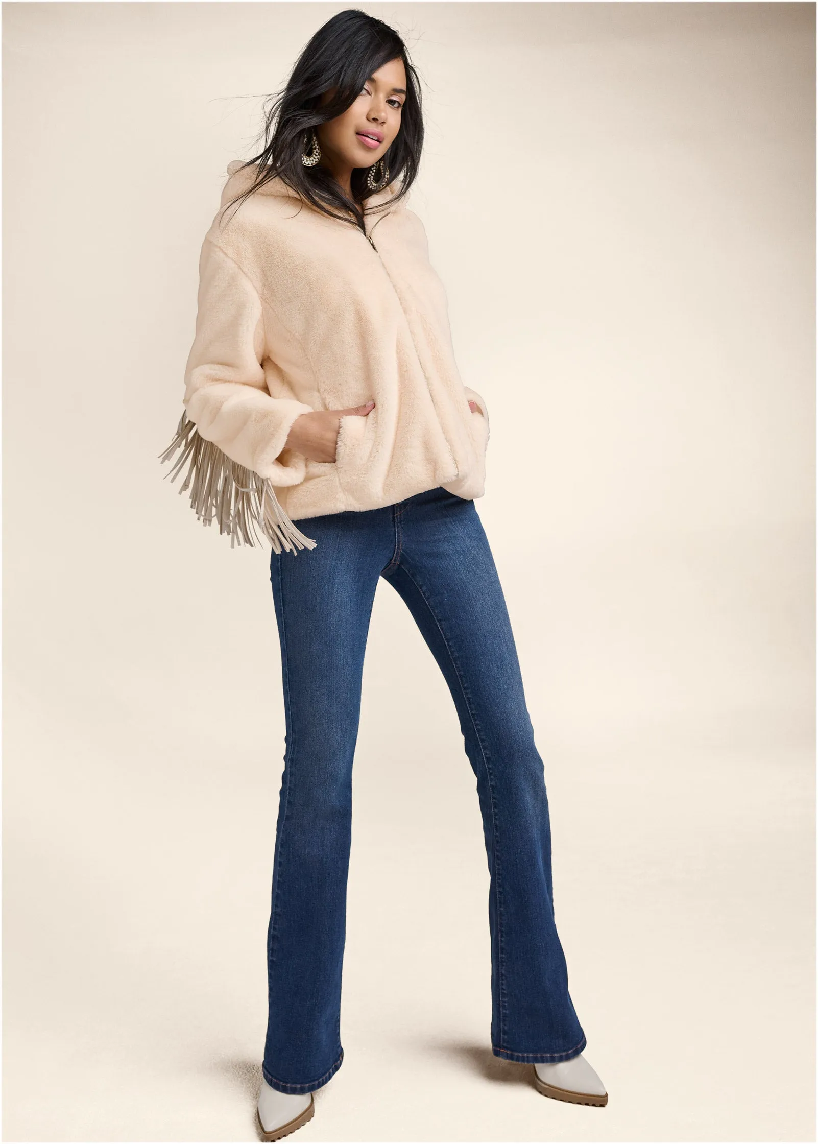 Faux Fur Bomber Jacket With Fringe Detail - White sold by VENUS product image thumbnail 4