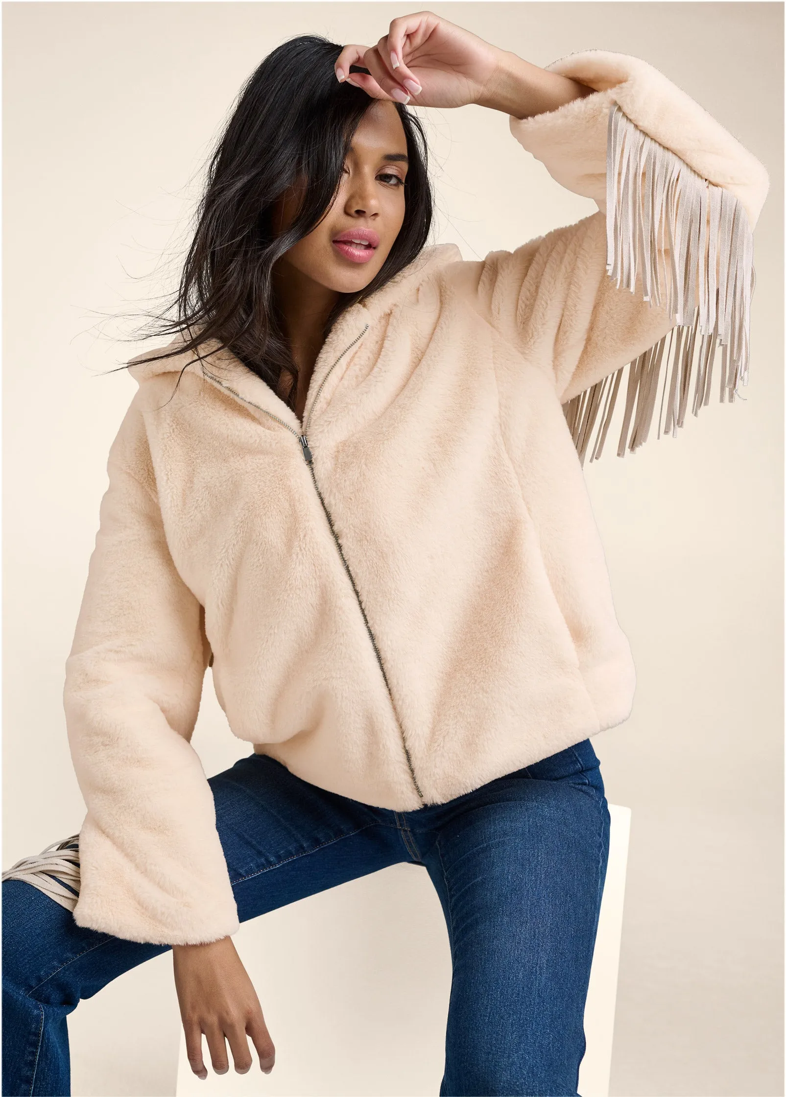 Faux Fur Bomber Jacket With Fringe Detail - White sold by VENUS product image thumbnail 2