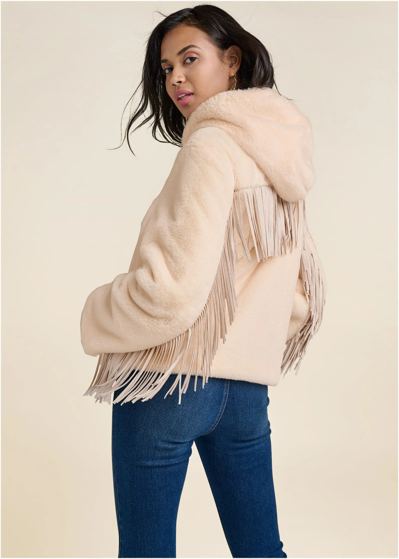 Faux Fur Bomber Jacket With Fringe Detail - White sold by VENUS