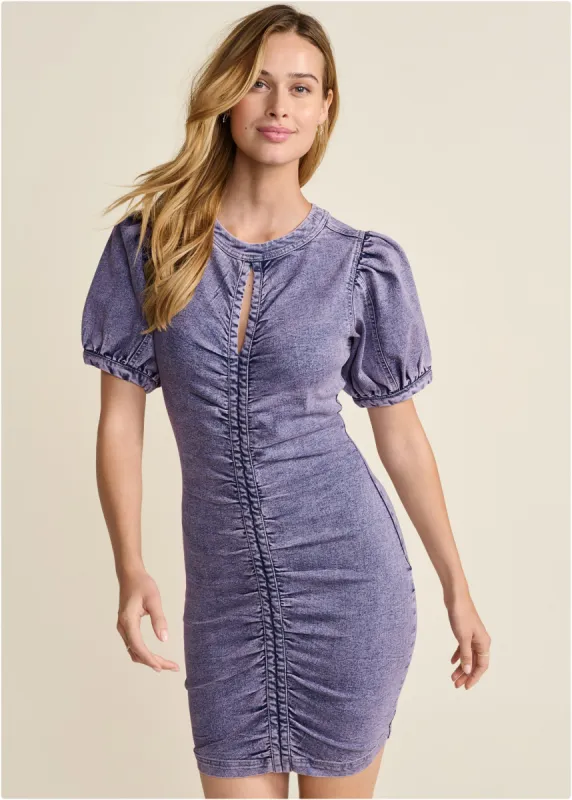Puff Sleeve Denim Dress  - Lavender sold by VENUS