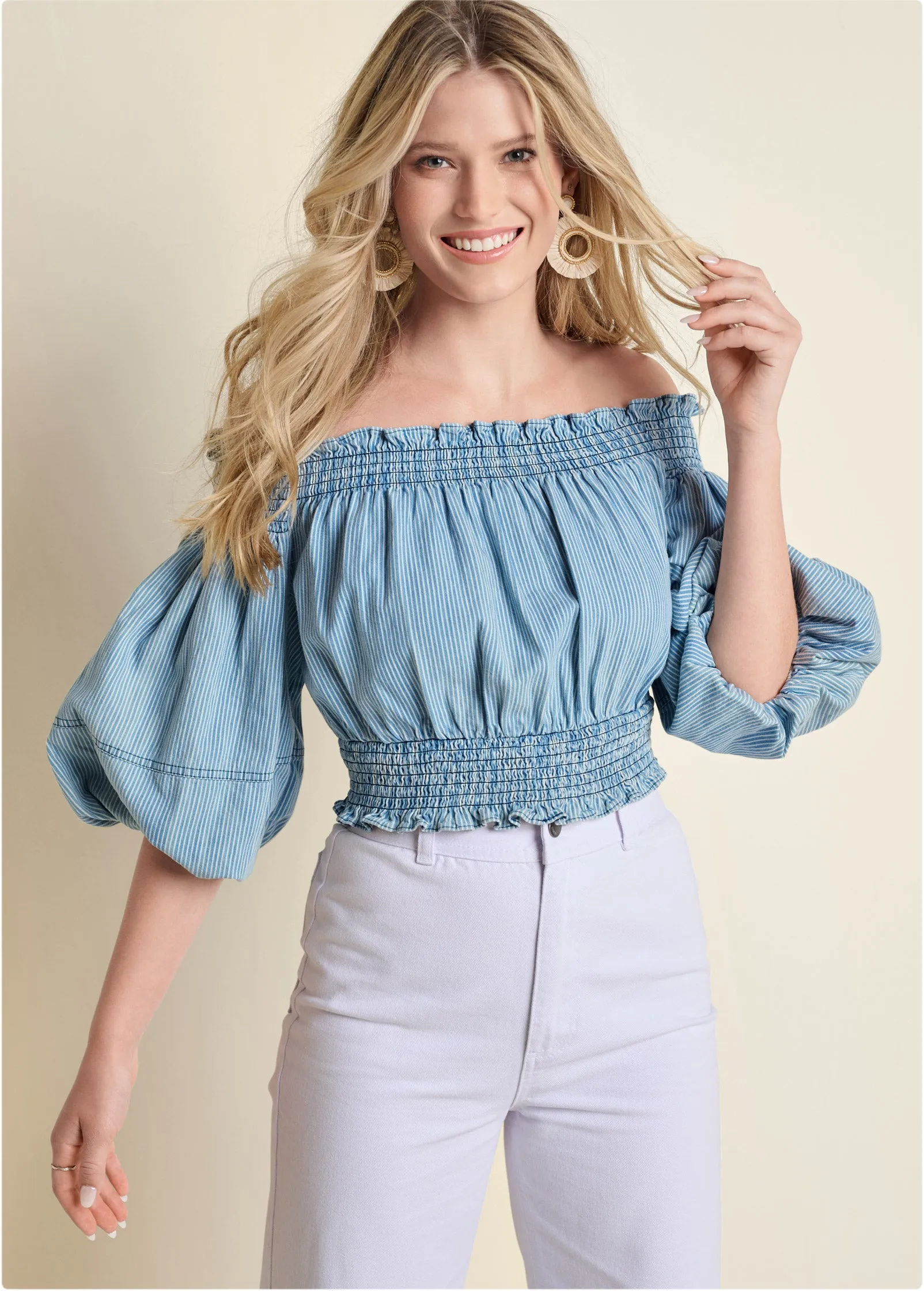 Off-The-Shoulder Cropped To - Blue & White sold by VENUS