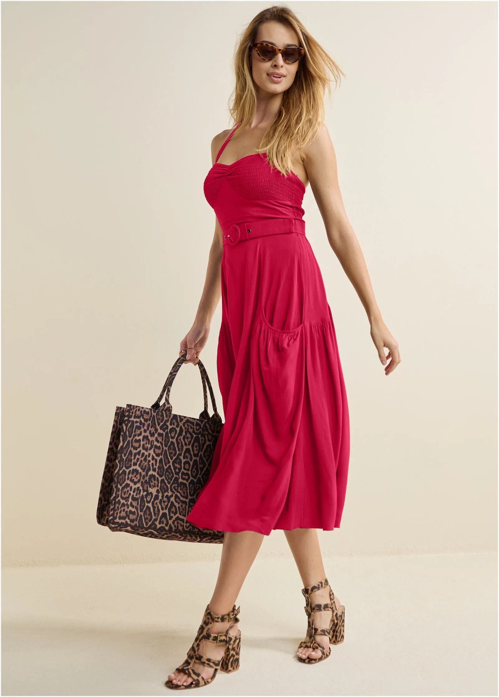 Belted Halter Midi Dress - Red sold by VENUS