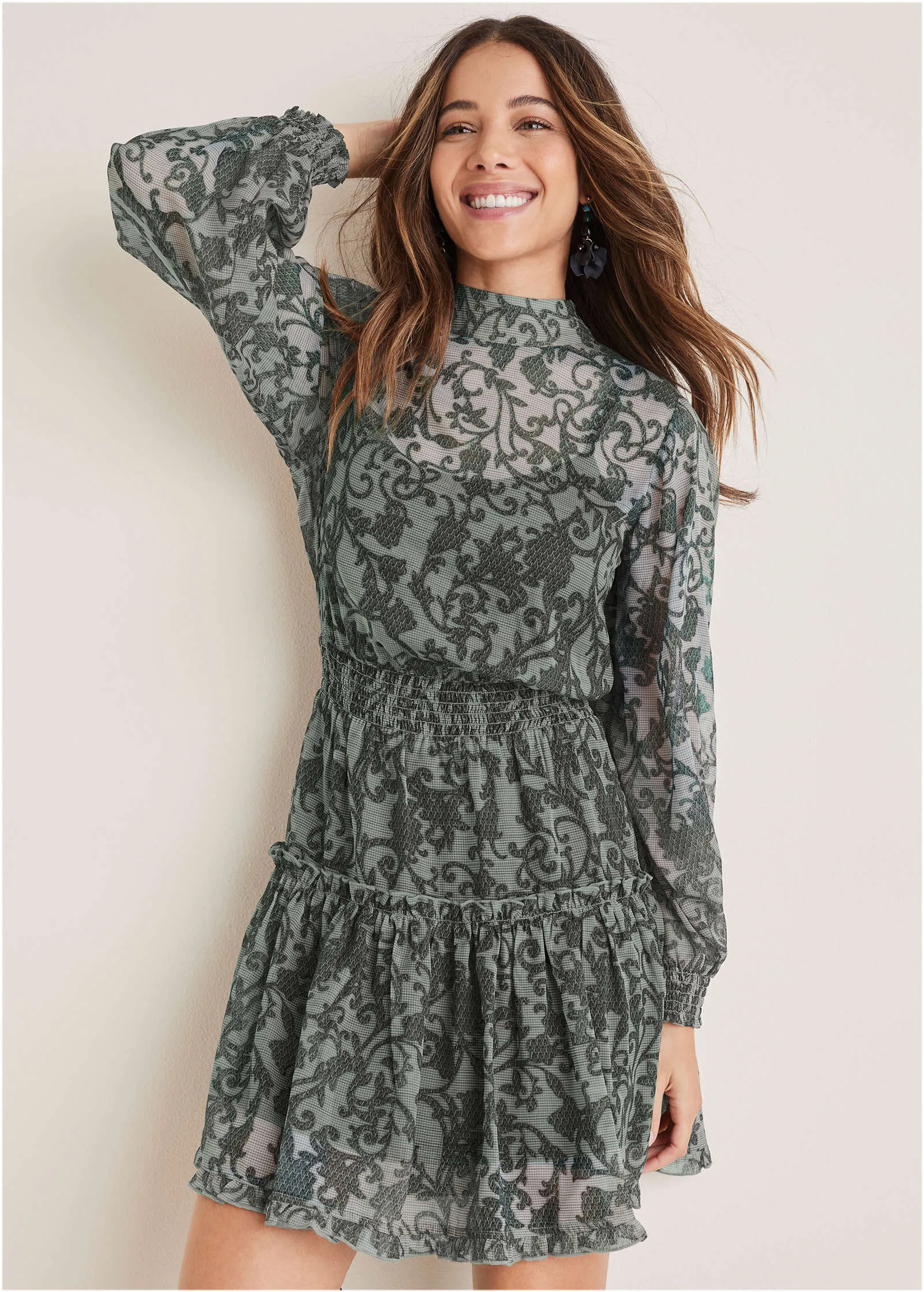 Sheer Ruffle Mini Dress - Menswear Floral sold by VENUS product image thumbnail 3