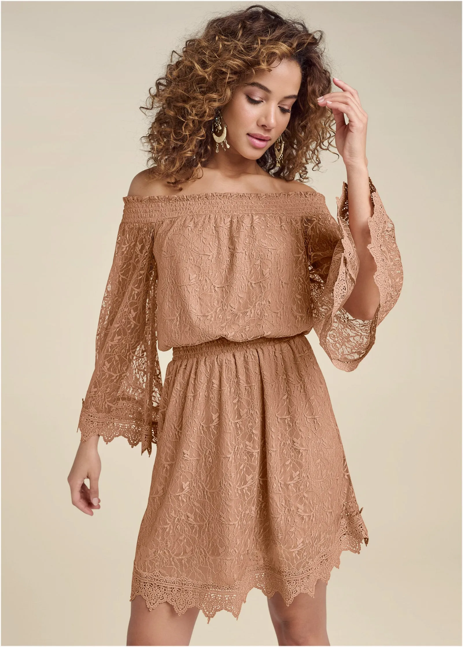 Off-The-Shoulder Lace Dress - Camel sold by VENUS