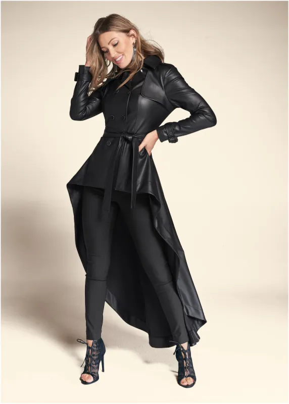 High-Low Faux-Leather Coat - Black sold by VENUS