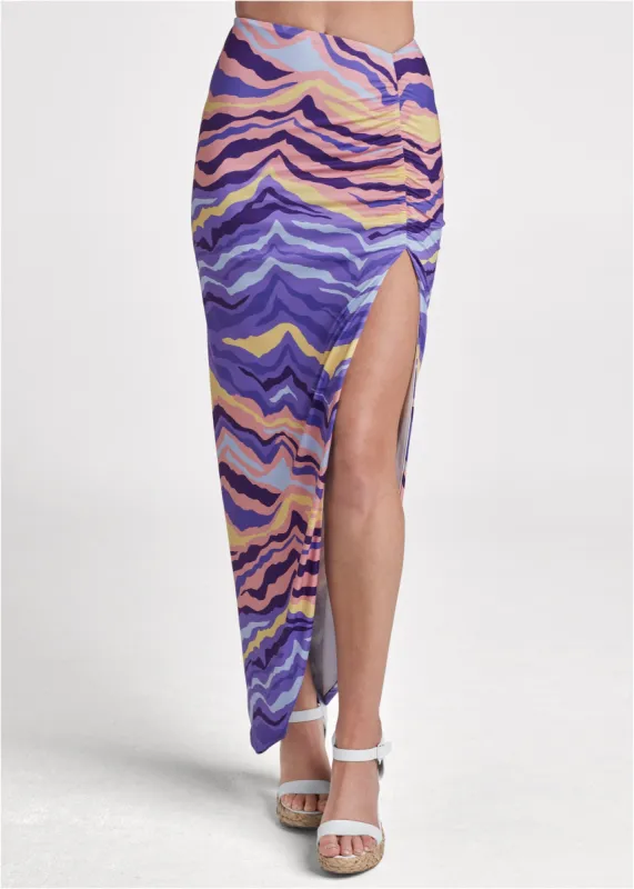 Ruched Abstract Zebra Print Maxi Skirt - Blue Multi sold by VENUS