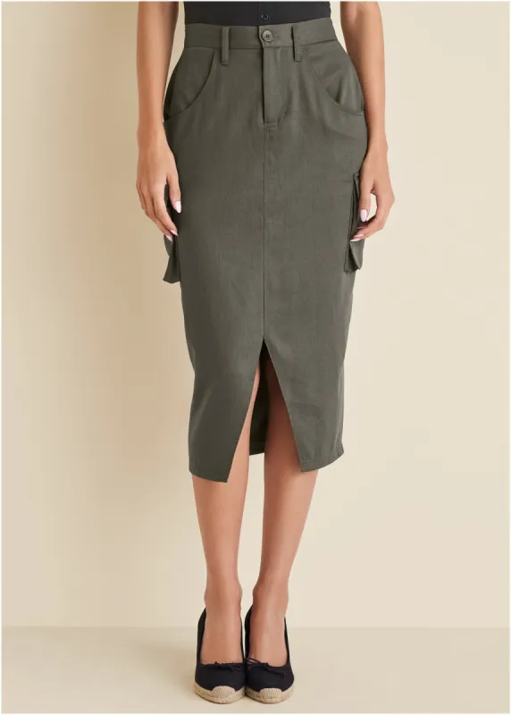 Twill Cargo Midi Skirt - Olive sold by VENUS