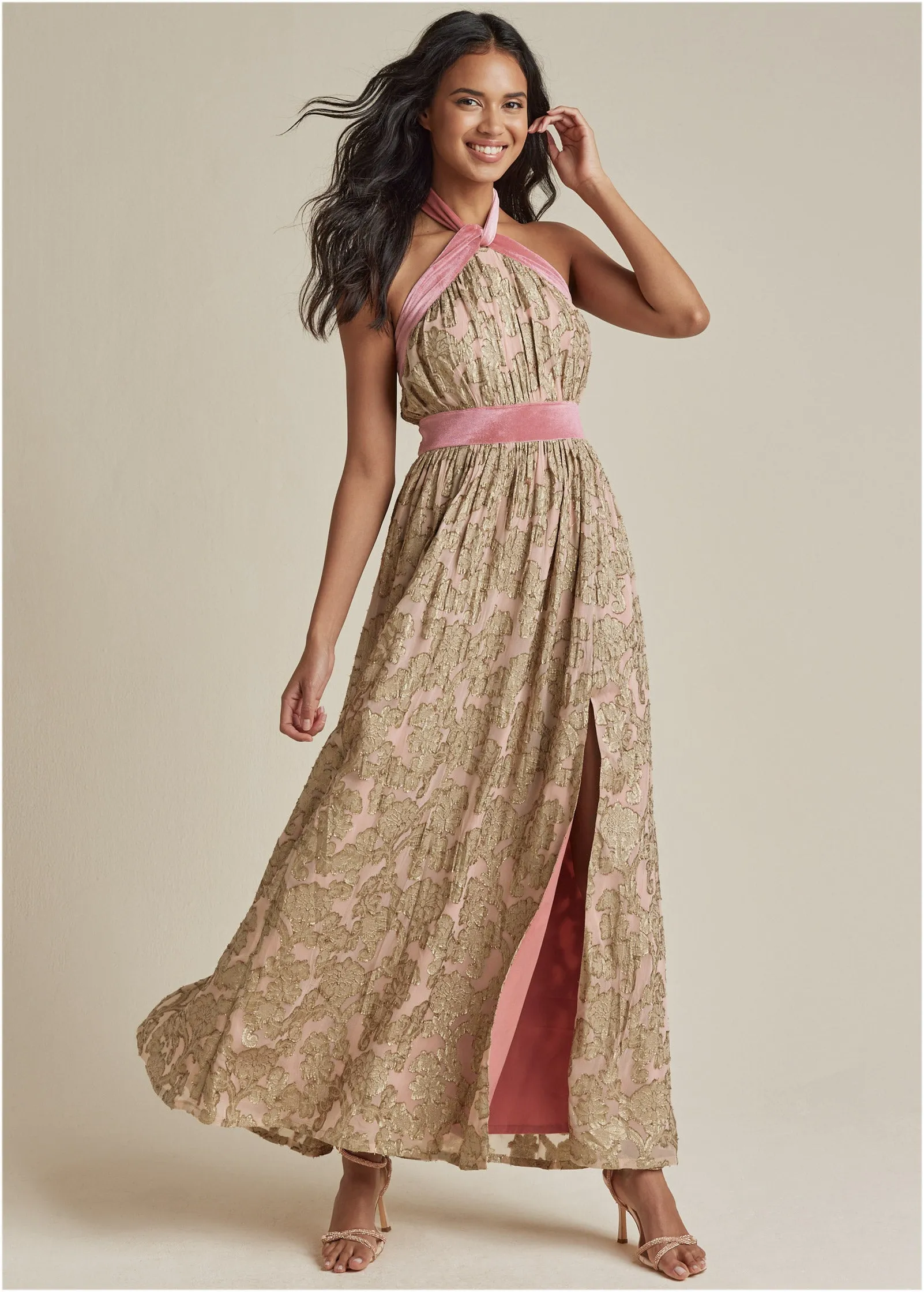Jacquard Halter Gown - Blush sold by VENUS