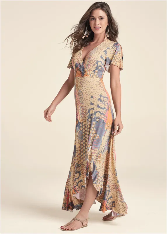 Surplice Maxi Dress  - Orange Multi sold by VENUS