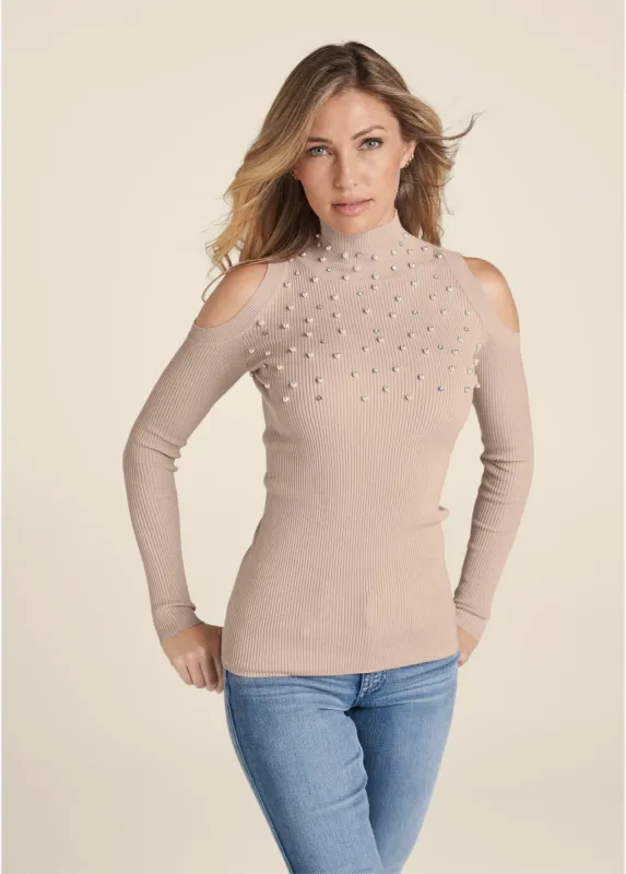 Pearl And Stone Embellished Sweater - Taupe sold by VENUS