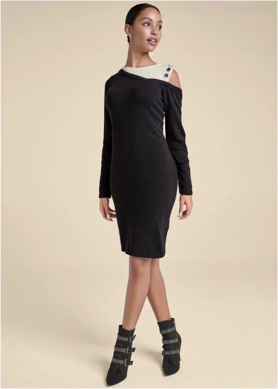 Open Shoulder Sweater Dress - Black & White sold by VENUS