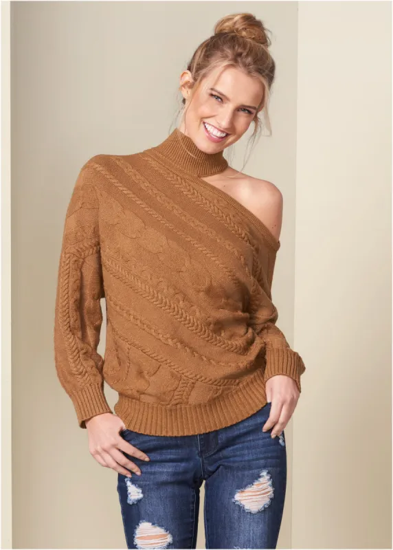 One-Shoulder Turtleneck Sweater - Brown sold by VENUS