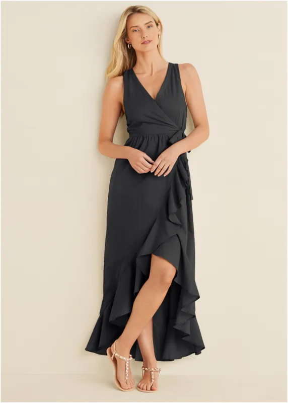 High-Low Wrap Dress - Black sold by VENUS