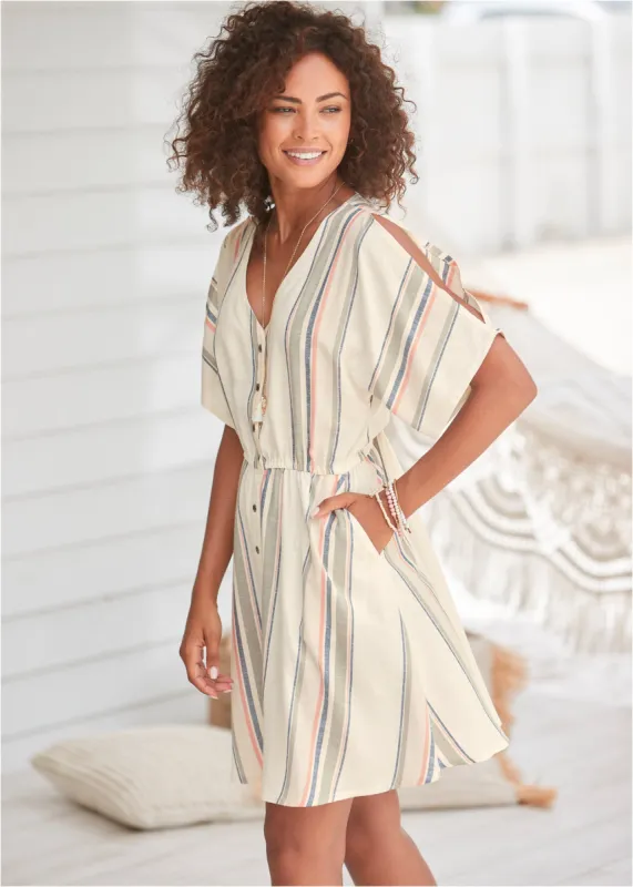 Button Cold-Shoulder Dress - White Multi sold by VENUS