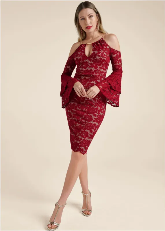 Lace Midi Dress - Red & Nude sold by VENUS