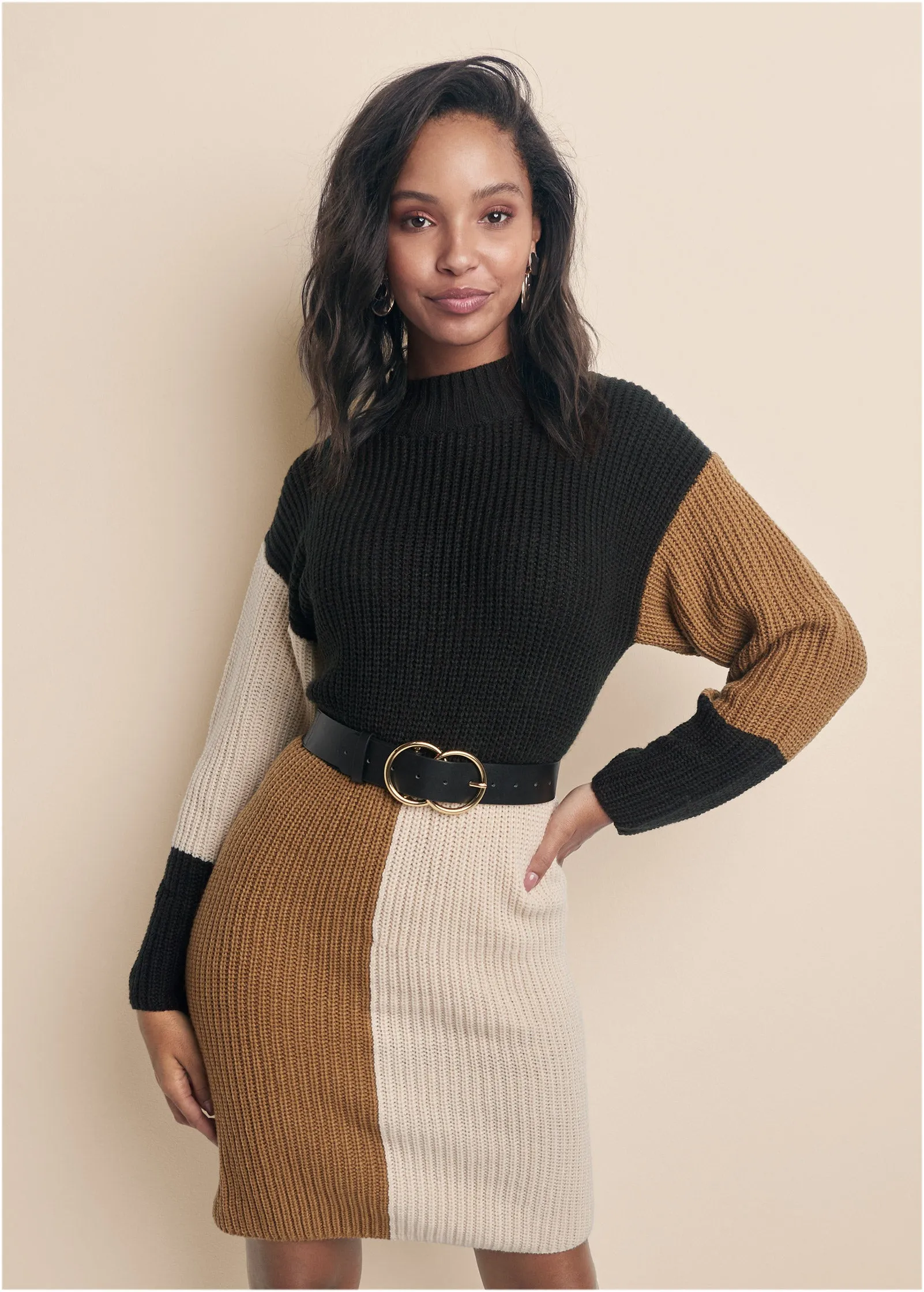Belted Color Block Sweater Dress - Black Multi sold by VENUS