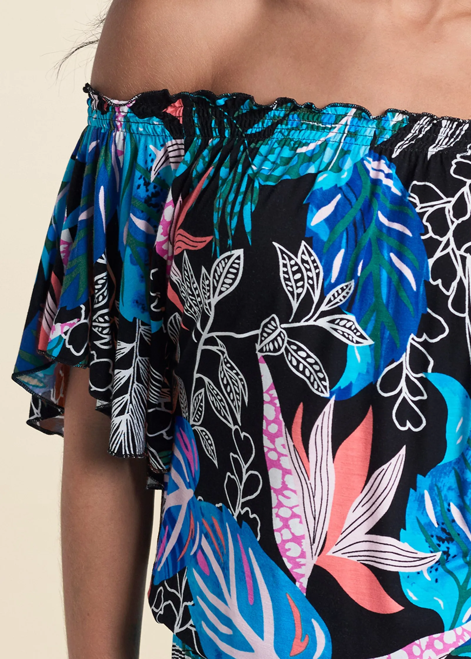 Bahamian Palm Off Shoulder Romper - Blue Multi sold by VENUS product image thumbnail 4