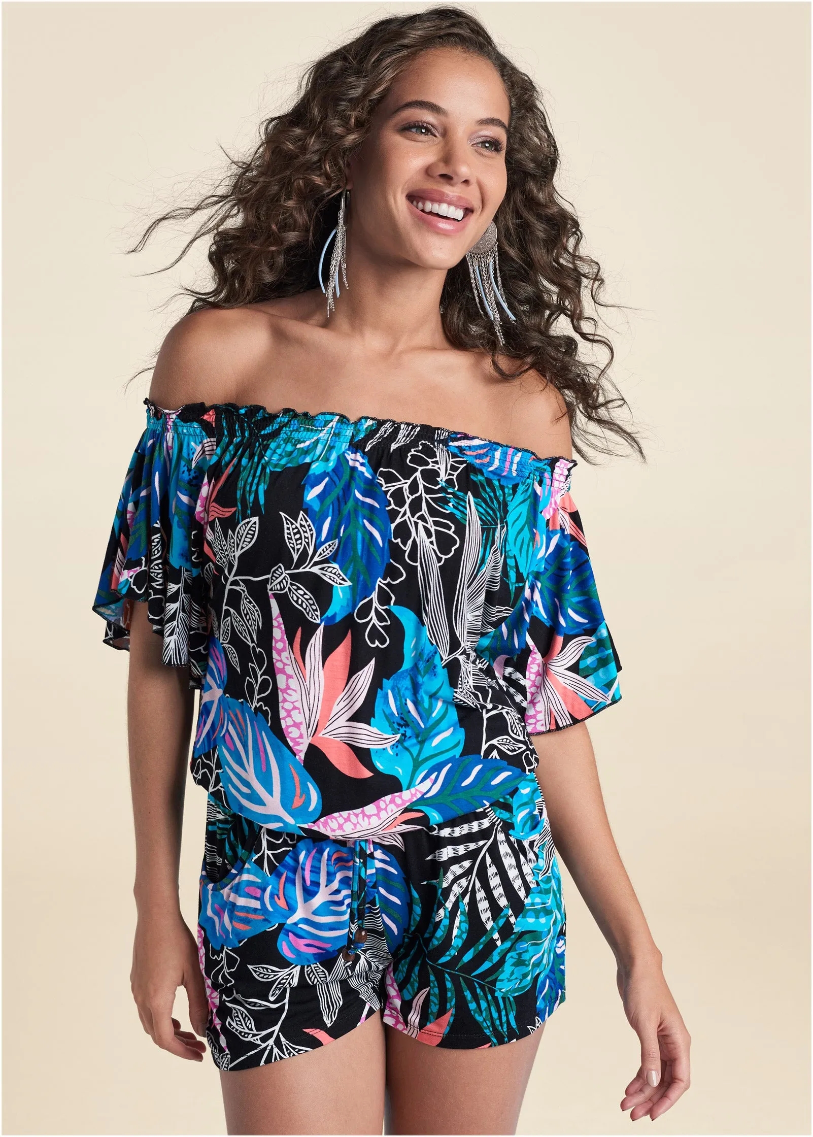 Bahamian Palm Off Shoulder Romper - Blue Multi sold by VENUS