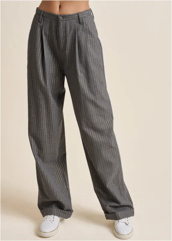 Stripe Wide Leg Trousers - Grey & Gold sold by VENUS
