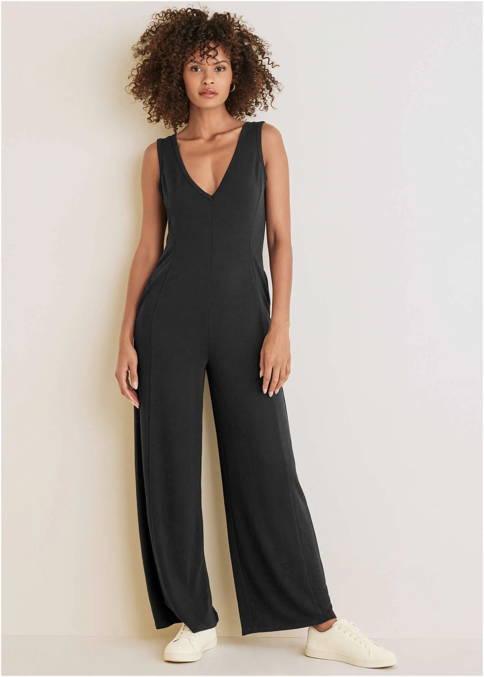 Relaxed V-Neck Jumpsuit - Black sold by VENUS