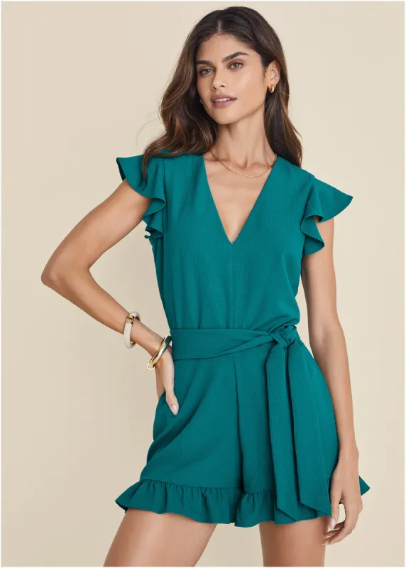 Fluted Satin Romper - Teal sold by VENUS